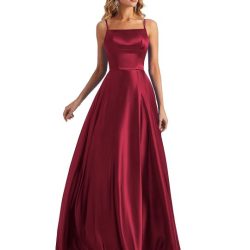 Lecureler Satin Spaghetti Strap Prom Dress – Burgundy